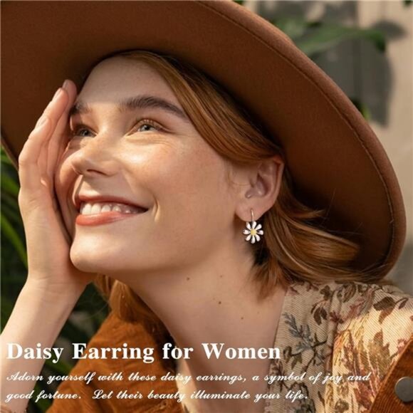 925 Sterling Silver Daisy Earrings 18K White Gold Plated Leverback - Picture 3 of 6